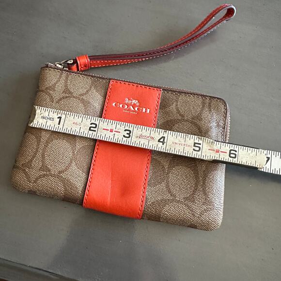Coach Orange Leather Stripe Tan Coated Canvas Corner Zip Wristlet - Picture 9 of 9